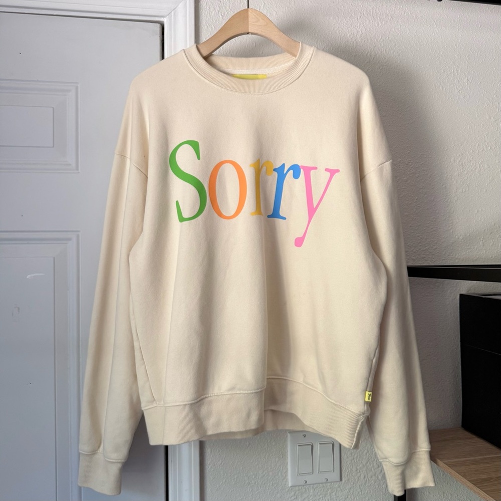 DUVIN cream ivory text crew neck‎ cotton terry long sleeve pullover sweater